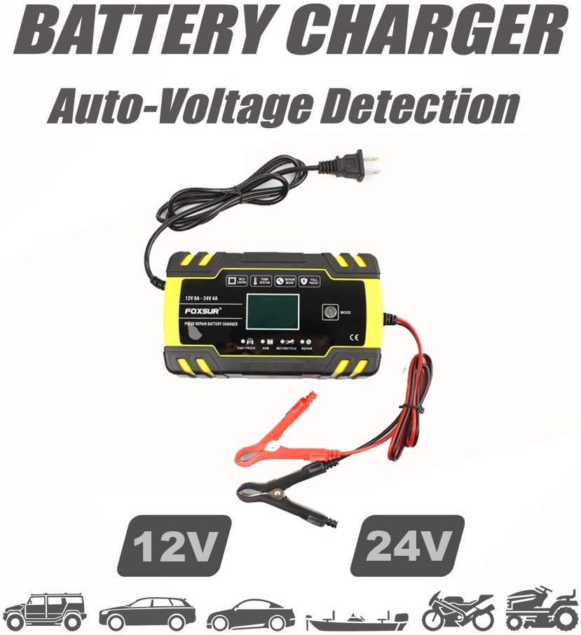 FBC122408D FoxSur Automatic Smart Battery Charger 12V @ 8A - 24V @ 4A with LCD Display - (AD32656)