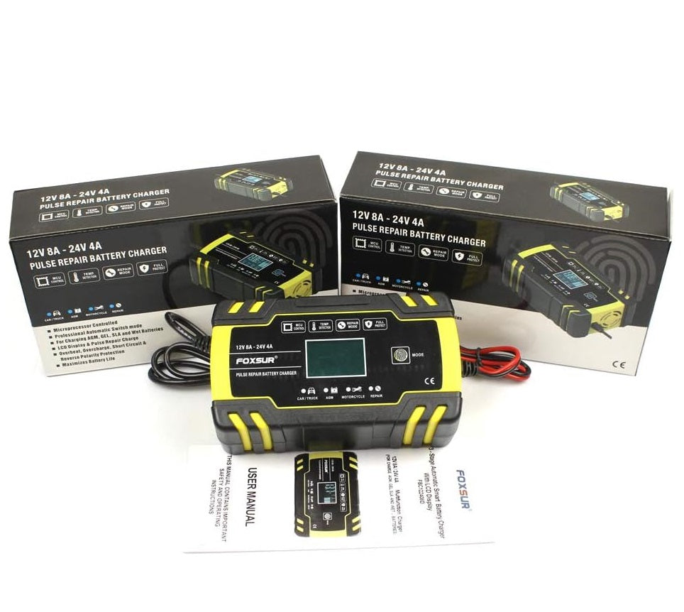 FBC122408D FoxSur Automatic Smart Battery Charger 12V @ 8A - 24V @ 4A with LCD Display - (AD32656)