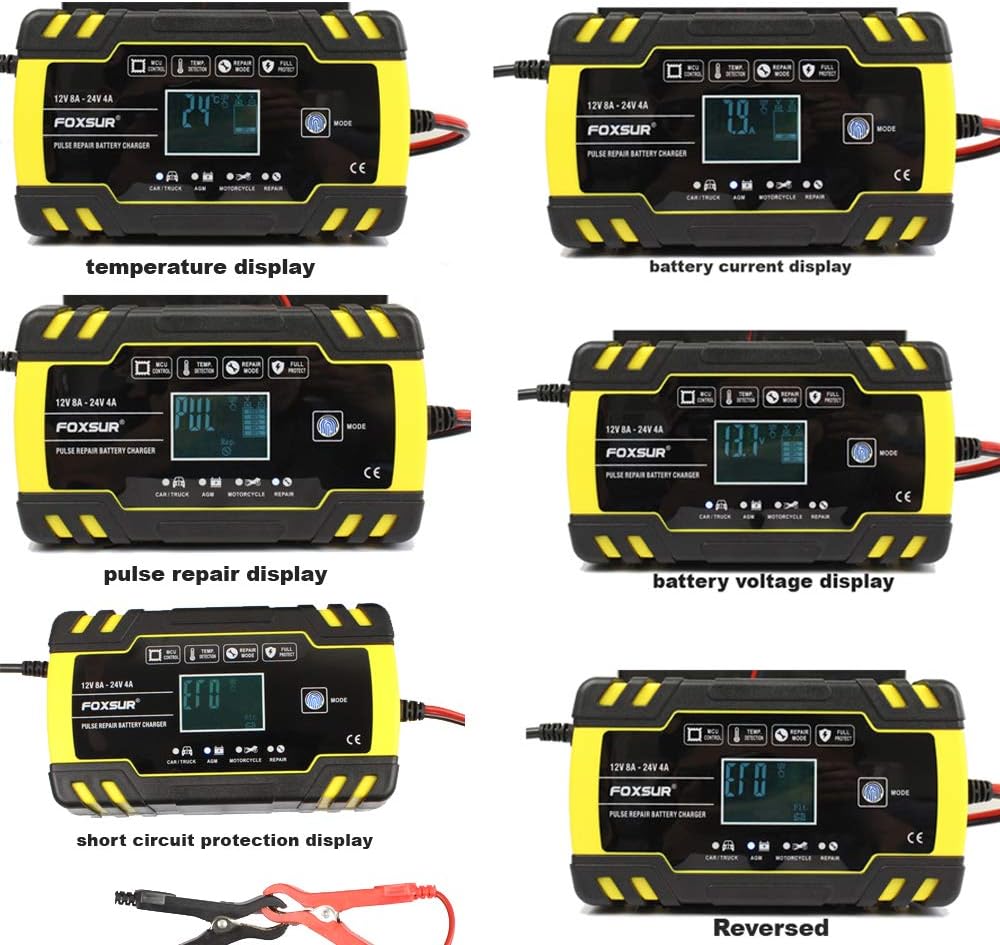 FBC122408D FoxSur Automatic Smart Battery Charger 12V @ 8A - 24V @ 4A with LCD Display - (AD32656)