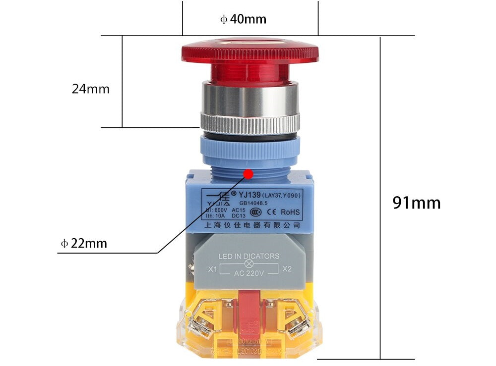 LAY37-11ZS 220V @ 10A Red Emergency Stop Mushroom Push Button + Box - (AD82468)