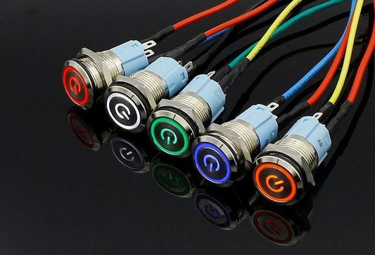 16mm 12V Yellow LED Power Symbol Metal Push Button Latching - (AD29817)
