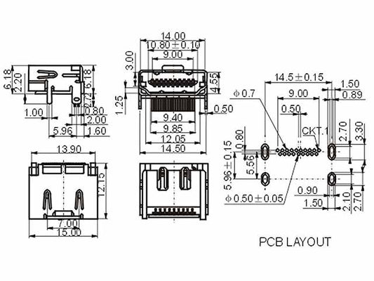 HDMI 19 Pin Receptacles SMT Type Right Angle - (AD57657)