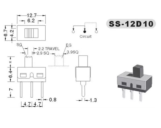 SS12D10 SPDT Slide Switch 5mm 250VAC @ 3A - (AD69978)