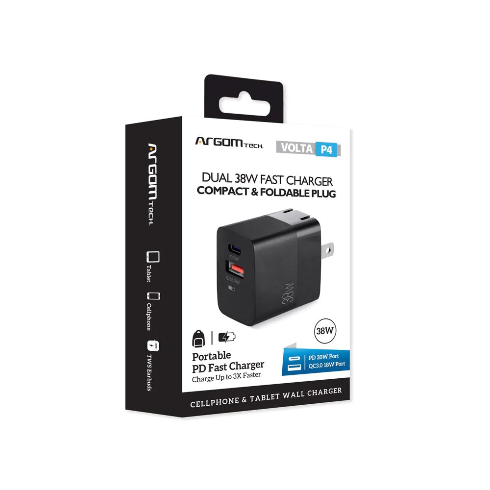 ARG-AC-0122BK Argom Volta P4 38W Pro PD Type-C + USB With Foldable Plug Wall Charger - (AD71731)