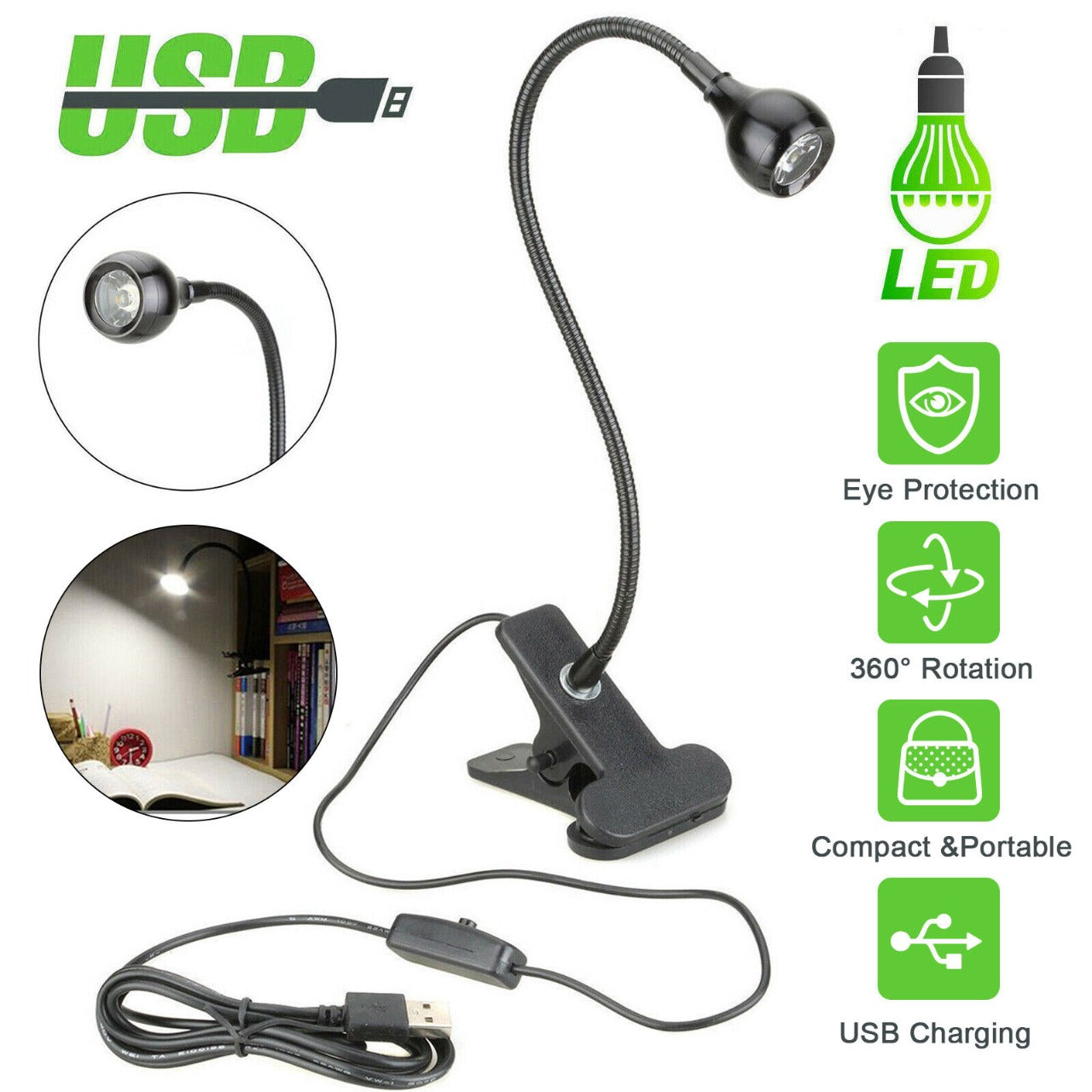 USB Flexible Reading LED Lamp Clip 5V @ 3W - (AD74734)