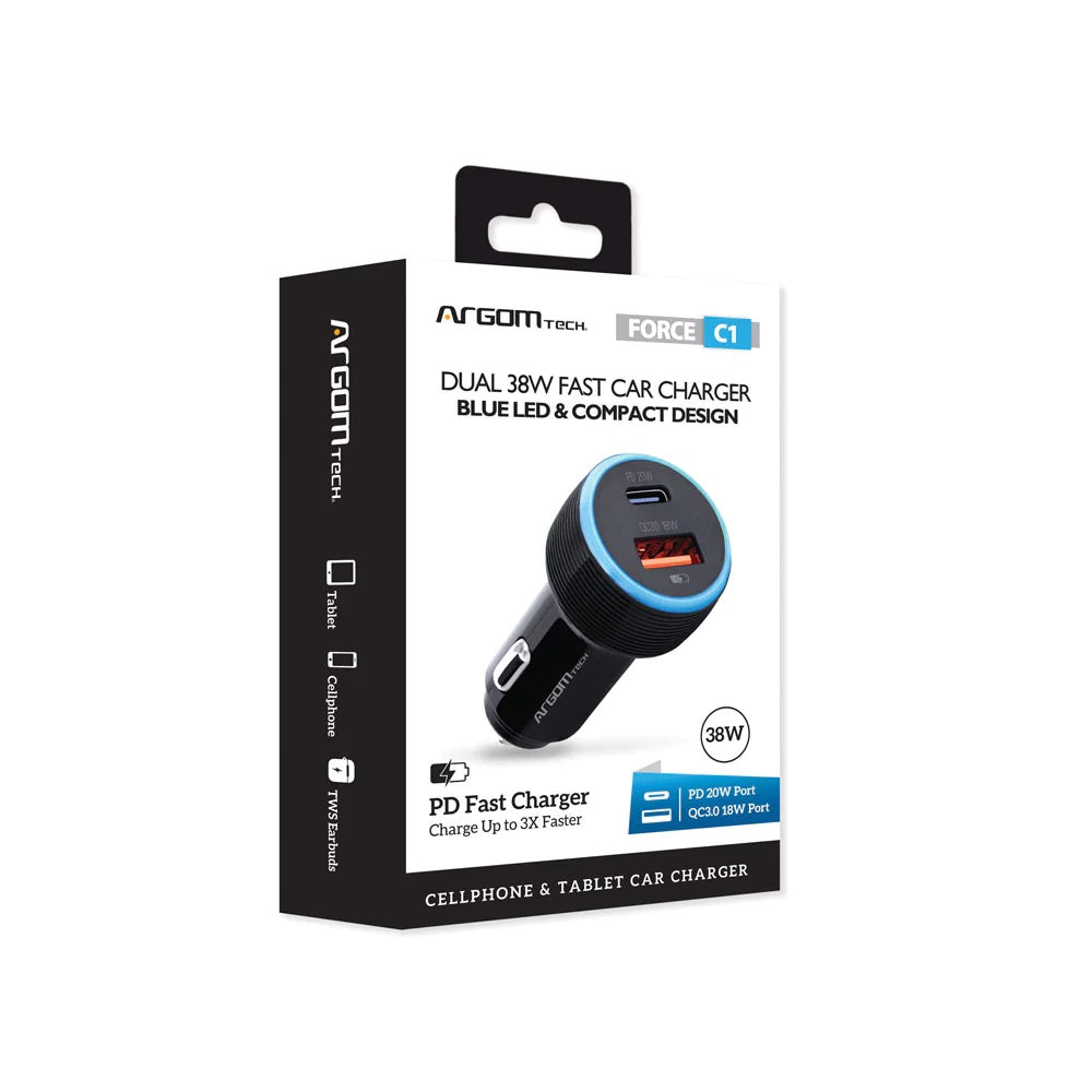 ARG-AC-0118BK Argom Force C1 38W PD Type-C + USB Car Charger - (AD78190)