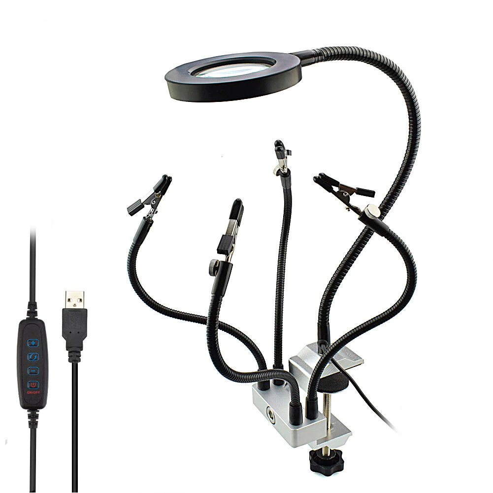 Bench Vise Soldering Work Station 4 Flexible Arms with USB 3X LED Illuminated Magnifier - (AD85129)
