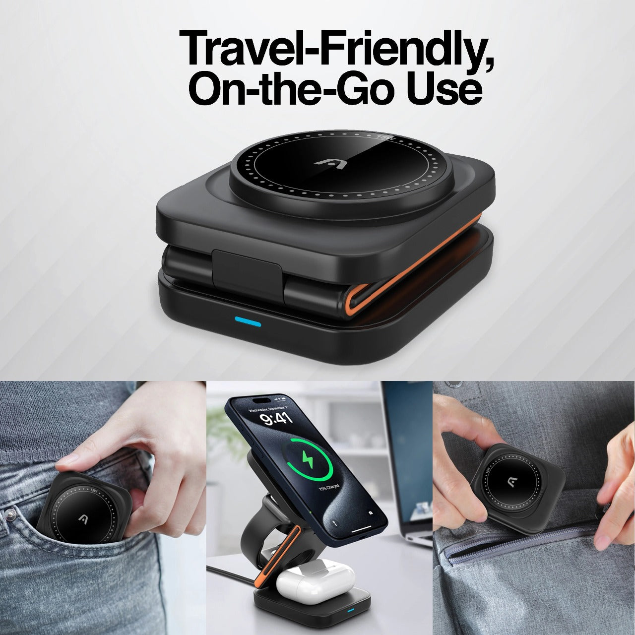 ARG-AC-0144BK Wireless Fast Charger 3 in 1 Foldable Stand Magnetic - (AD86899)