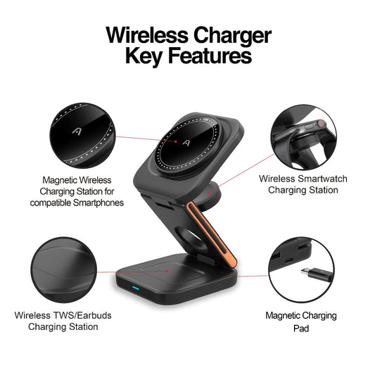 ARG-AC-0144BK Wireless Fast Charger 3 in 1 Foldable Stand Magnetic - (AD86899)