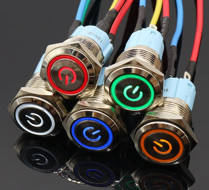 16mm 12V Red LED Power Symbol Metal Push Button Latching - (AD29820)