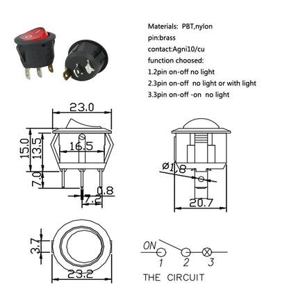 3 Pin Round SPST ON-OFF Rocker Switch (Red) 12VDC - (AD39174)