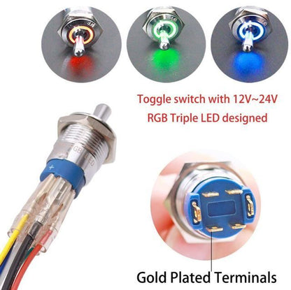 Illuminated Toggle Switch ON-OFF SPST Tri-Color Red - Green - Blue LED - (AD66053)