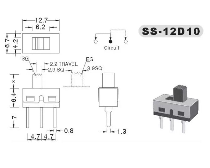 SS12D10 SPDT Slide Switch 5mm 250VAC @ 3A - (AD69978)
