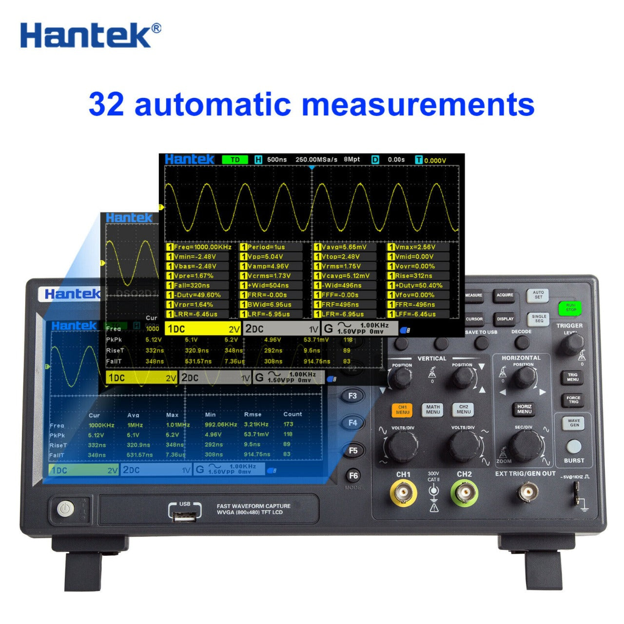 Hantek DSO2D10 TFT Digital Oscilloscope 2 Channel 100MHz with Function Generator - (AD70308)