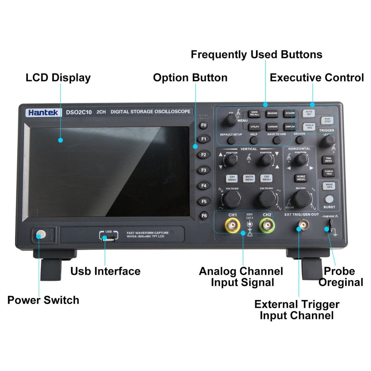 Hantek DSO2D10 TFT Digital Oscilloscope 2 Channel 100MHz with Function Generator - (AD70308)