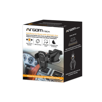 ARG-AC-0310BK Argom Cell Phone Car Mount One Touch Telescopic Arm - (AD77309)