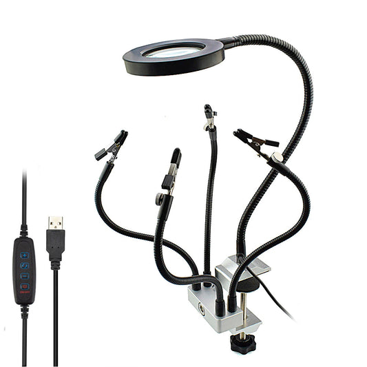 Bench Vise Soldering Work Station 4 Flexible Arms with USB 3X LED Illuminated Magnifier - (AD85129)