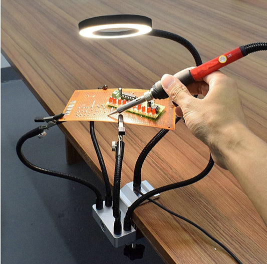 Bench Vise Soldering Work Station 4 Flexible Arms with USB 3X LED Illuminated Magnifier - (AD85129)