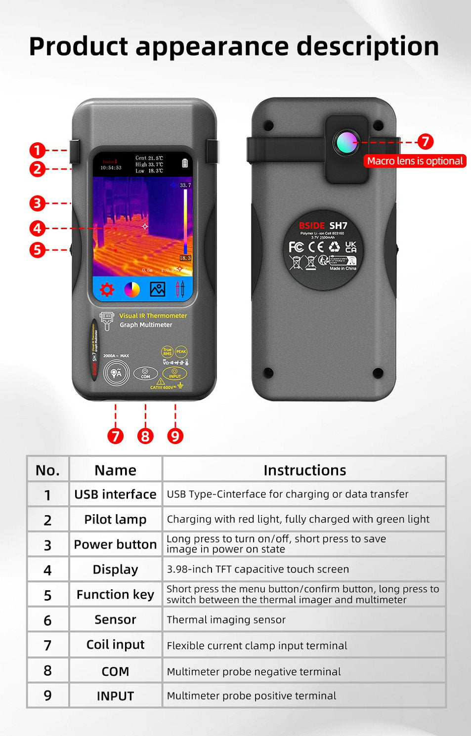 BSIDE-SH7 Thermal Camera + Digital Multimeter 2 in 1 - (AD25693)